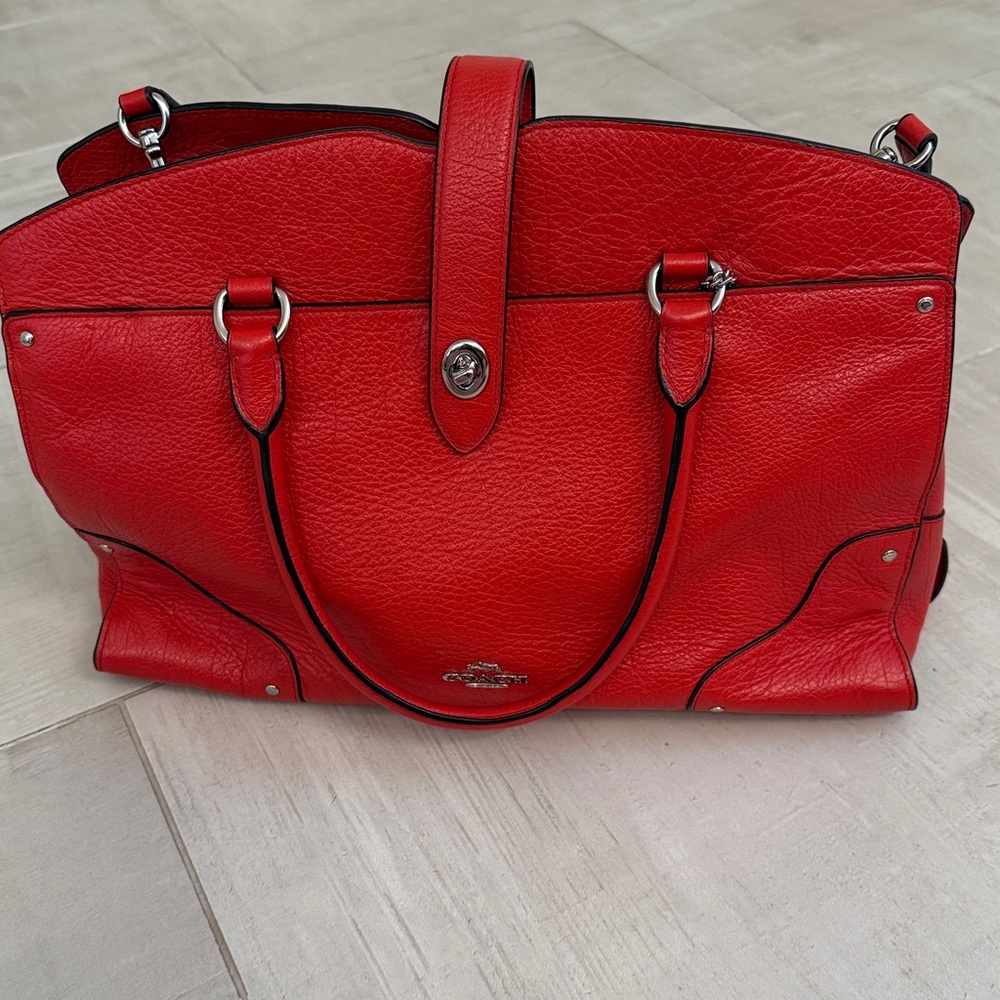 Coach Red Pebbled Leather Satchel with Adjustable Strap - Picture 2 of 16